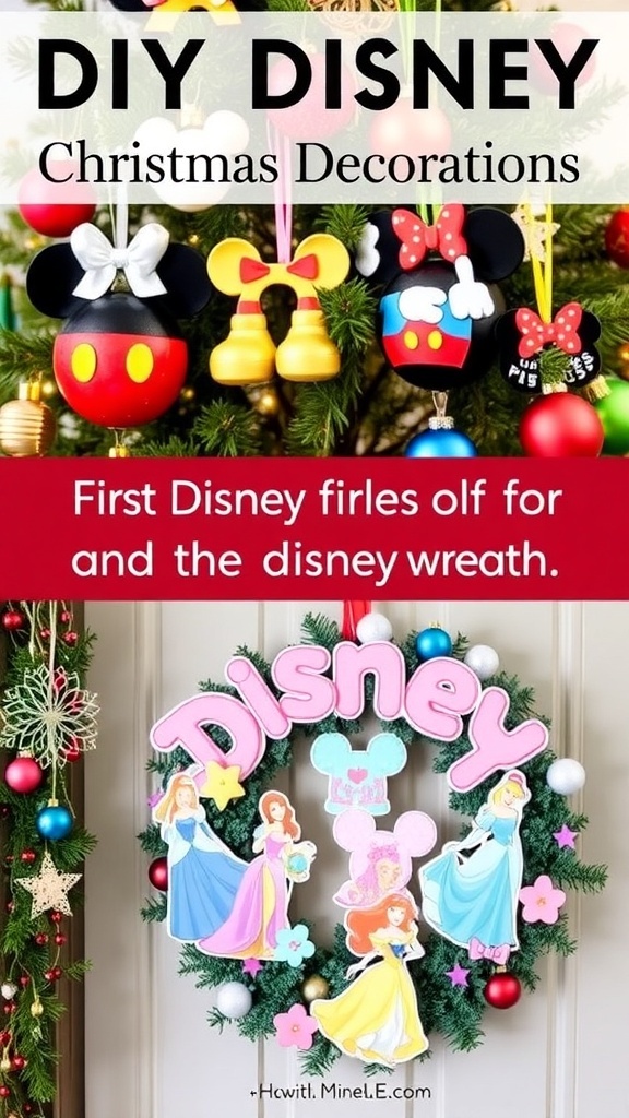 A collection of DIY Disney Christmas decorations including Mickey Mouse ornaments, Disney princess garland, and a themed wreath.